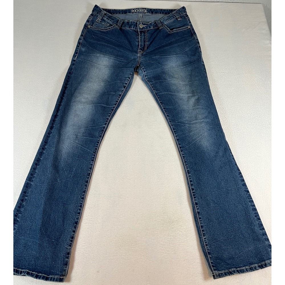 Rock & Roll Cowgirl Jeans Womens 32 Blue Excellent Bootcut Heavy Stitch Stretch